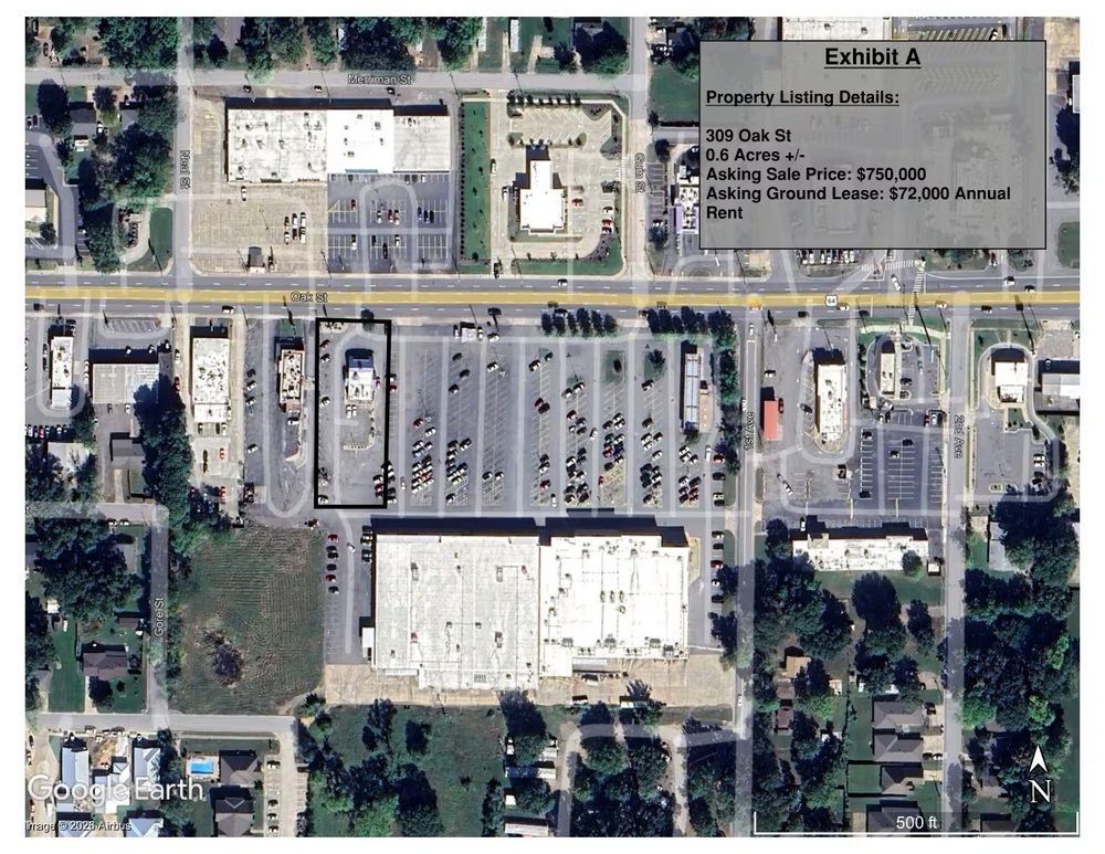 Aerial view of the 0.65-acre lot at 309 Oak St, Conway, Arkansas